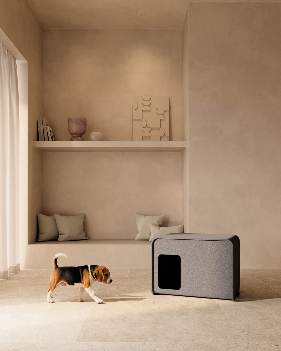 Casa de mascotas fonoabsorbente de pet reciclado de botellas.